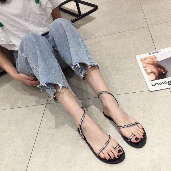 

2020 sandals female shoe ladies shoes summer ankle strap flip flops platform women's woman for beige flat fashion rhinestone, Black