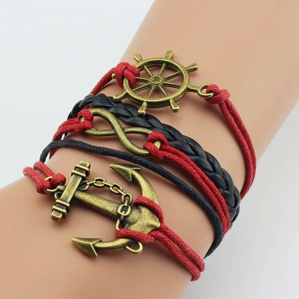 Charme de couro multicamada pulseiras handmade leme âncora corda trança cadeia vintage ouro prata forma infinito jóias presente para homens mulheres