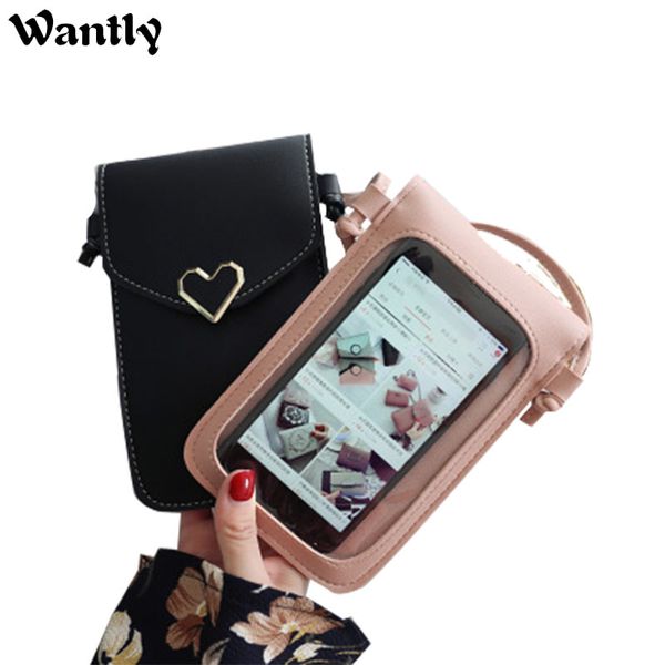 

women 's heart-shaped decorative transparent touch screen simple retro phone bag 2020 new style student buckle pouch