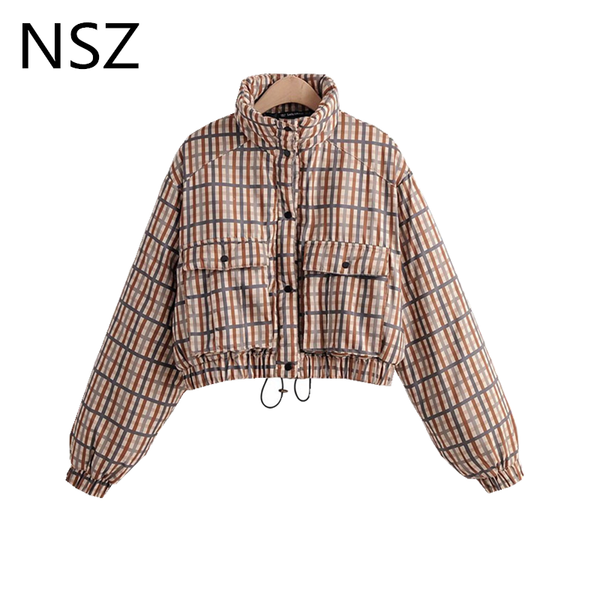 

nsz women plaid winter thicken parka jacket long sleeve checked cropped coat new arrival 2019 outwear, Black