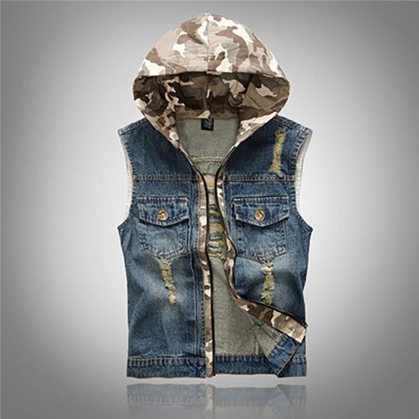 

men's casual camouflage patch design hooded denim vest male slim hole ripped coat tank hoodies, Black;white