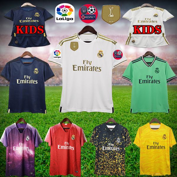 

19-20 la liga real madrid 2019 2020 soccer jersey hazard home away soccer shirt asensio isco marcelo madrid kids kit football uniforms, Black;yellow
