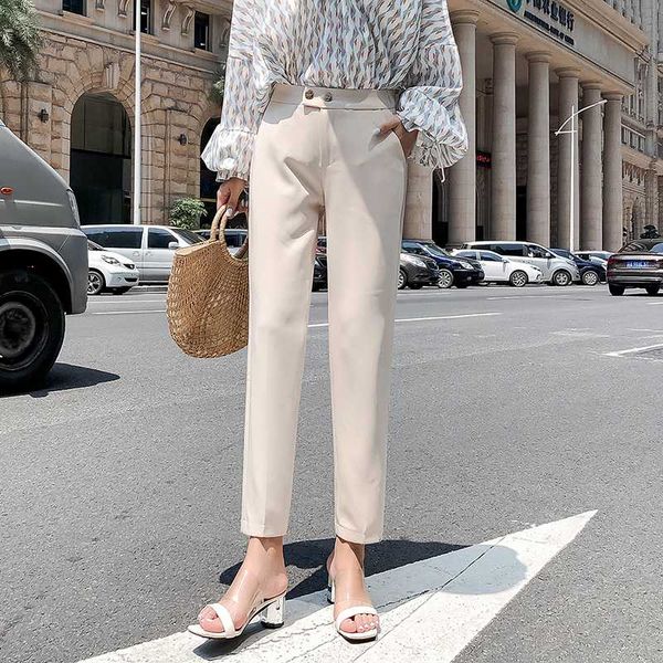 

2020 spring suit pants women two buttons ankle-length loose high waist casual harem pants plus size style trousers 9387 50, Black;white