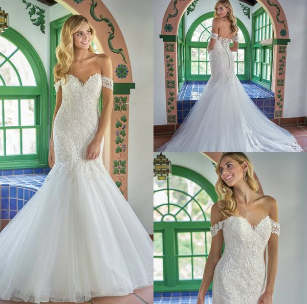 2019 Abiti da sposa a sirena gelsomino Applique in pizzo Paillettes al largo della spalla Abito da sposa country Sweep Train Abiti su misura Abiti da sposa