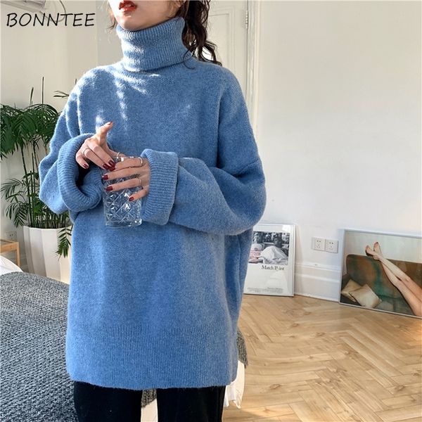 

turtleneck sweaters women solid split elegant simple loose 2xl all-match casual vintage korean harajuku womens pullover fashion, White;black
