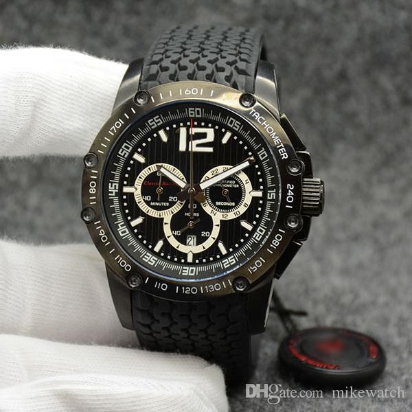 

racing watch 45.5mm classical chop and ard mens watches quartz chronometer funtion watch tire tread rubber strap full black man wristwatches, Slivery;brown