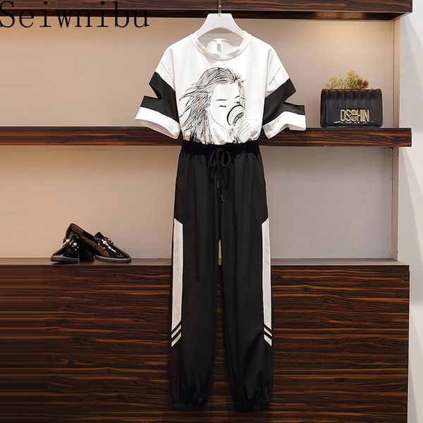

2020 summer plus size l-4xl t shirt sequins letter print girl long t shirt + track pants two piece set, White