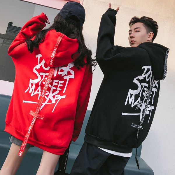 

winter spring korea fashion letter printing cool behind hoodie women loose velvet harajuku couple hood sweatshirt girl, Black