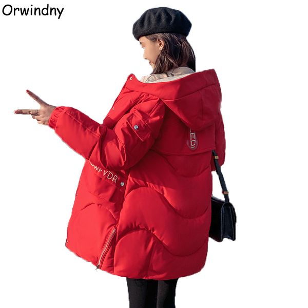 

orwindny winter coat women 2019 slim student medium long parkas for girls hooded thick warm clothing female cotton padded jacket, Black