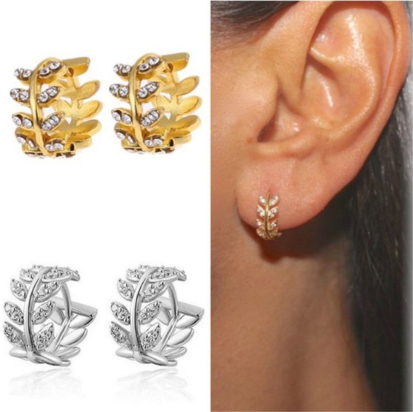 

earring jewelry 2019 punk leaves with rhinestone clip on earrings mosaic crystal zircon earring clips women wedding accessories, Silver
