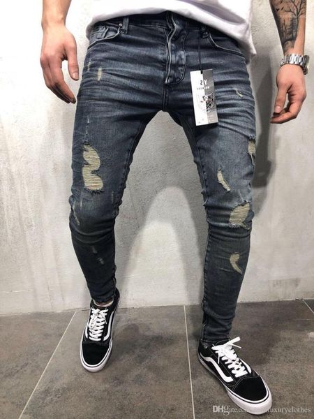 

for mens clothing trousers pencil jean pants zipper designer 2018 high street slim fit ripped jeans, Blue