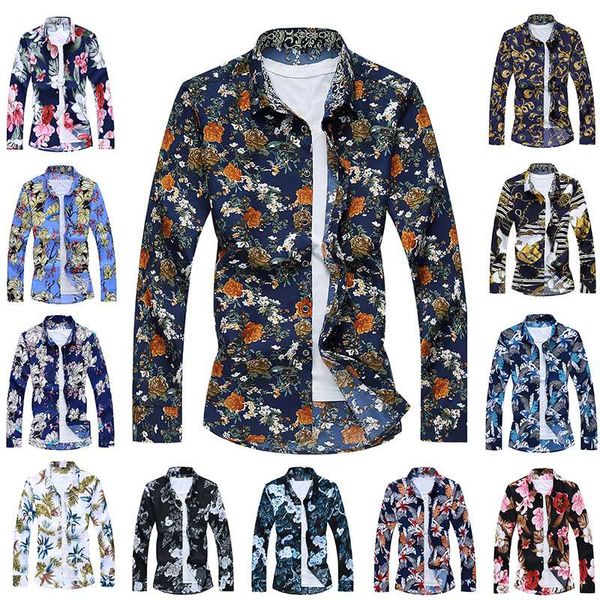 

men's casual shirts 2021 spring &autumn fashion trend folk men ethnic flowers printed hawaiian long sleeves dress 6xl 7xl, White;black