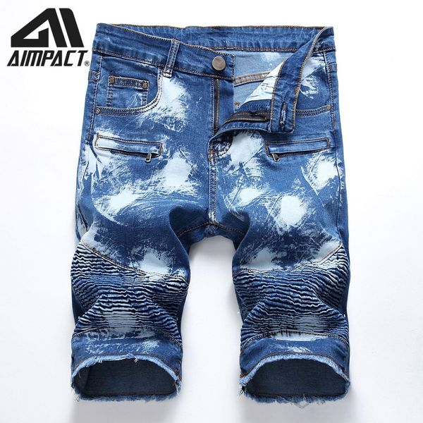 

2019 fashion denim shorts for men slim fitted ripped jean trunks male summer skinny skate board jean shorts by aimpact am2309, Blue