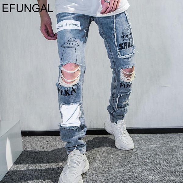 

efungal men jeans ripped skinny streetwear 3m reflective patch design creative graffiti print slim hip hop denim blue jean ks02 t200410, Black
