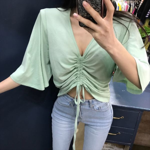 

ворота востока конфеты конфеты цвет v-образным вырезом шнурок плеча площадку рога рукав женского рода с короткими рукавами футболки, White