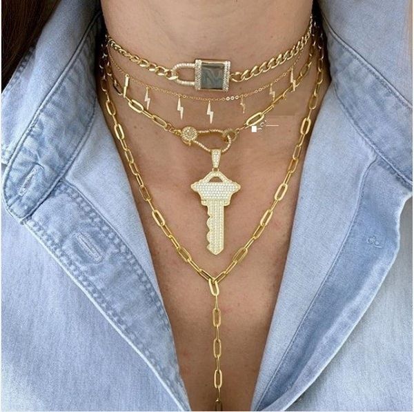 

curb cuban link chain choker necklace micro pave cz lock charm gorgeous stunning european hiphop rock women jewelry, Silver