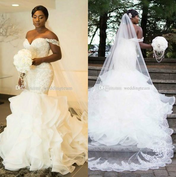 

charming mermaid lace wedding dresses off shoulder beaded bridal gowns court train ruffled skirt sequined vestido de novia, White