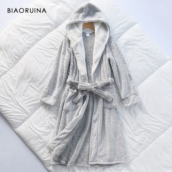 

biaoruina women's grey flannel thick keep warm hooded long robes female loose winter casual sleeping underwear with sashes, Black;red