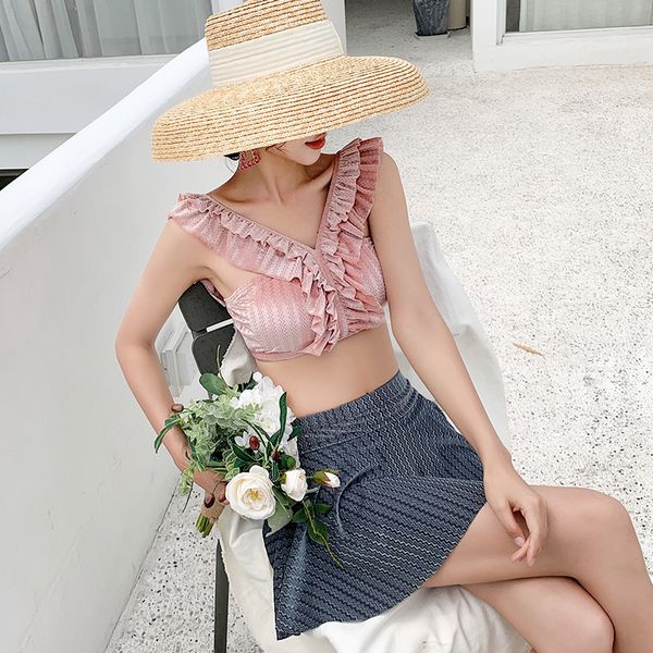 

swimsuit women 2019 swim suit swimwear bikini summer with push up female korean pure skirt solid polyester sierra surfer two, White;black