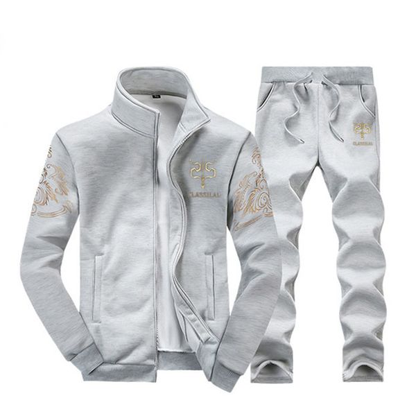 

мужская мода комплект одежды зима марка печатных вышивка стенд цвет пальто + брюки из двух частей набор мужская повседневная торговля soprt, Gray