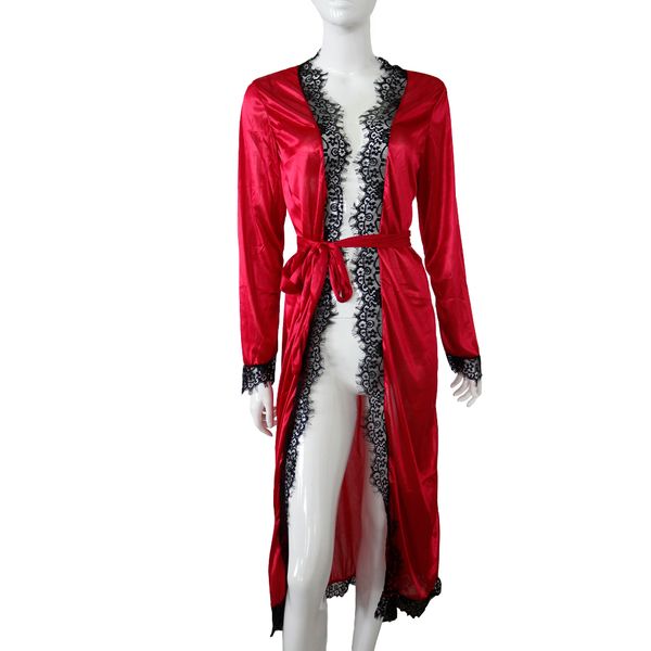 

women faux silk night gown kimono lingerie belt lace bath robe nightwear nightdress sleepwear nightgown bridesmaid robes, Black;red