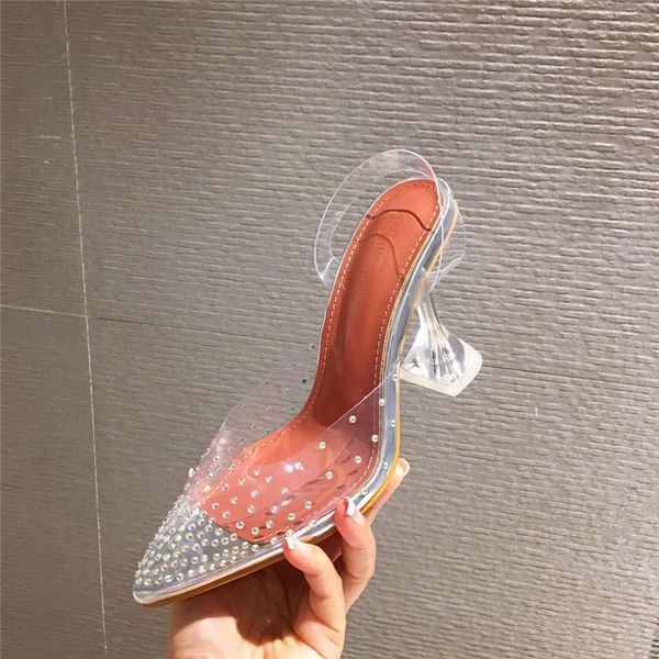 

2020 summer women clear high heels sandals crystal slingback sandals luxury designer rhinestone transparent wedding shoe, Black