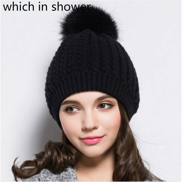 

black white lady pompom winter hat for women warm crochet knit beanie skullies with pom pom ball outdoor ski pompon bonnet