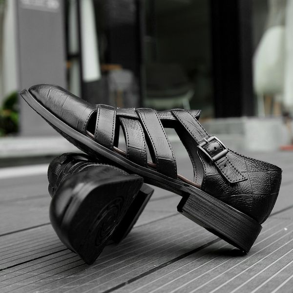 

big size men sandals genuine leather sandals men outdoor casual shoes breathable fisherman shoes men beach shoes y200702, Black