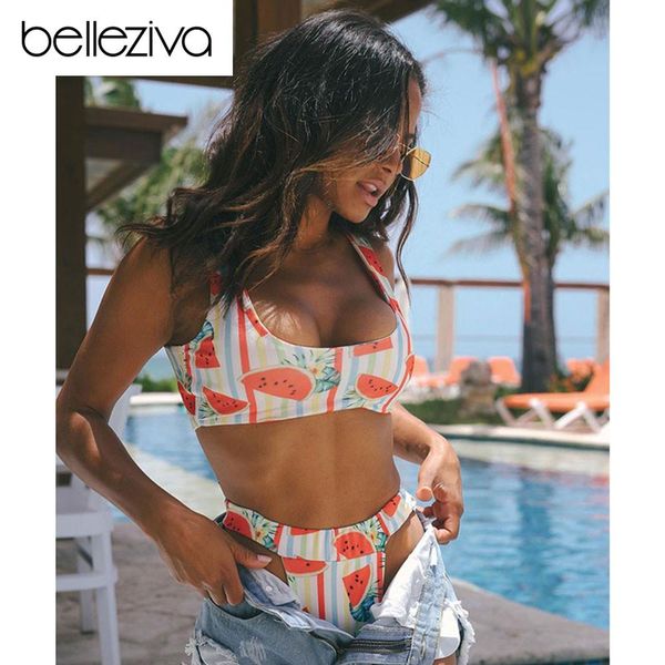 

belleziva women watermelon print bikini set lovely girls high waisted swimwear summer swimsuit padded bathing suit biquinis, White;black