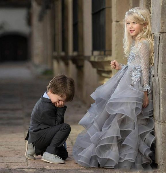 

princess girls pageant dresses jewel long sleeve appliques 3d flower tiered flower girl dress child cosplay wear birthday party gowns, White;red