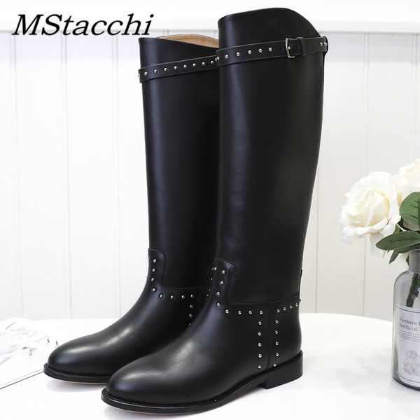 

mstacchi fashion rivet women mid-calf boots women buckle knight shoes woman genuine leather pointed toe low-heeled botas mujer, Black