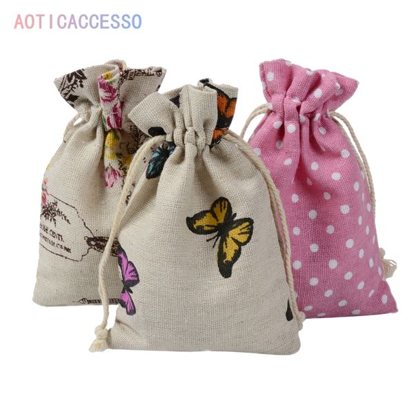 

10pcs wrap supplies gift candy bags party event linen burlap bag drawstring pouch jewelry box cartoon christmas jute gift bag