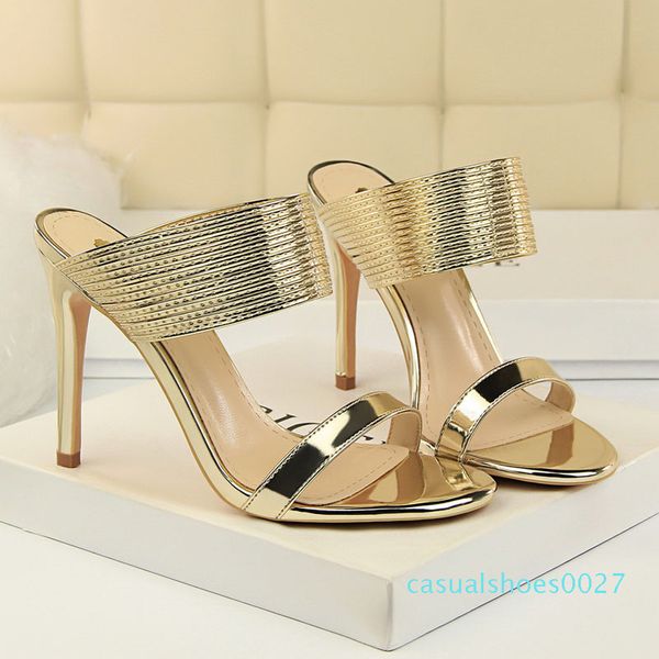 

2020 new summer women mules slippers high thin heel pointed toe metal band ladies women shoes gold outside slides slippers c27, Black