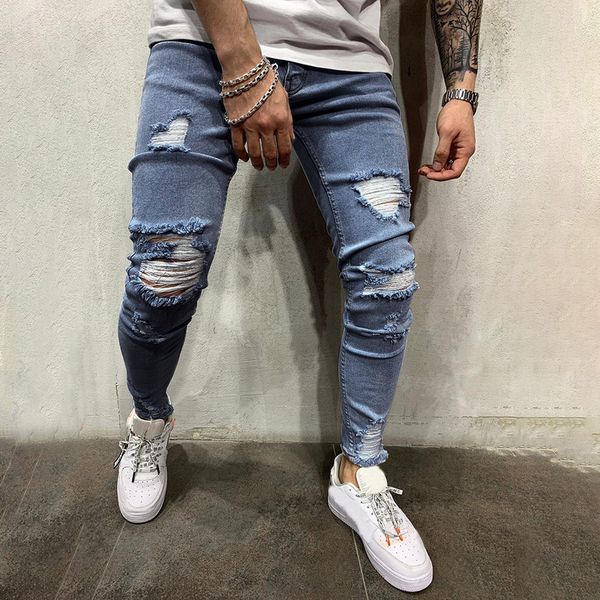 

pants in apparer for men pure color hole denim vintage wash hip hop work trousers jeans pants dropshipping, Blue