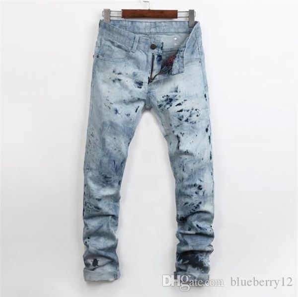 

mens jeans high street snowflake straight slim pants slim feet jeans color blue asian size 29-34