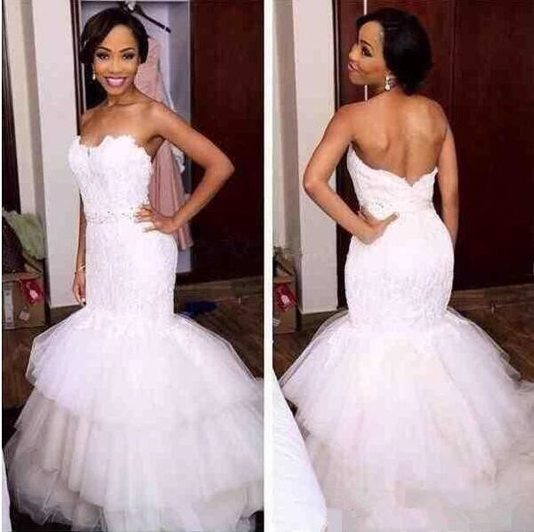 

african mermaid wedding dresses 2019 new sweetheart court train beads sash backless ruffled lace bridal gowns vestido de noiva w689, White