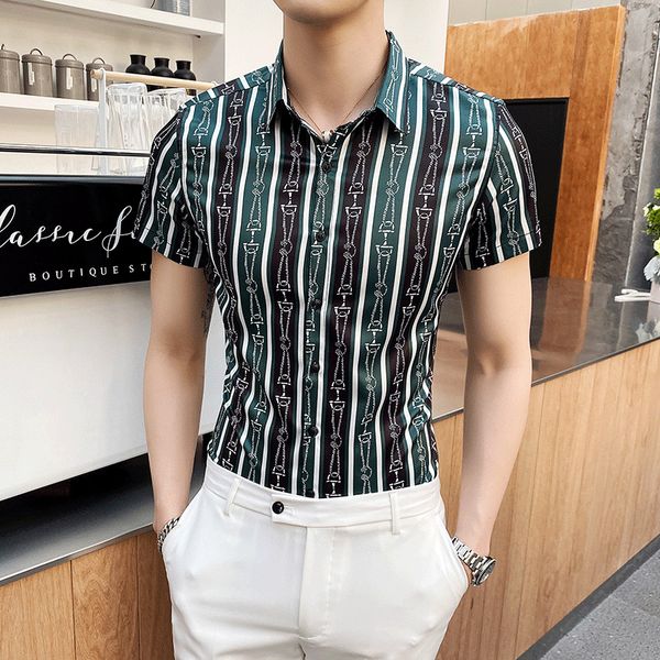 

2020 summer striped shirt men's short-sleeved korean version of the trend of slim young thin section tide brand shirt men, White;black