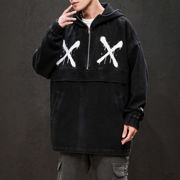 

oversize m-5xl brand autumn printing letter stitching medium-length pullover jeans jacket harajuku soft men pocket denim jacket, Black;brown