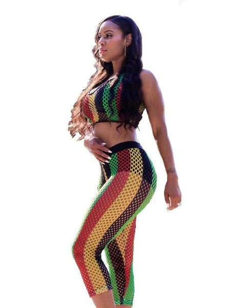 

summer colorful striped two piece set beach cover up set swimwear women hollow out crop see through club women outfit, White