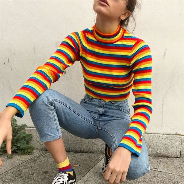 

women winter blouse harajuku long sleeve rainbow striped shirt gothic slim knitted turtleneck bandage womens kimono cardigan, White