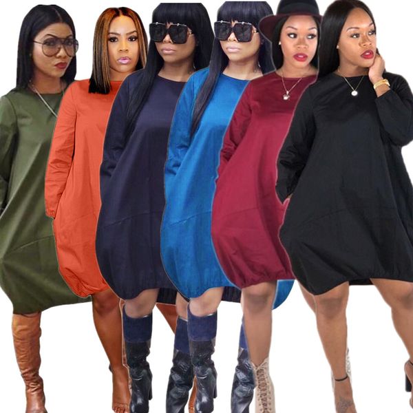 

8hg5128 women's dresses solid color casual and fashion dresses long sleeve crew neck simple loose dress nightclub style, Black;gray