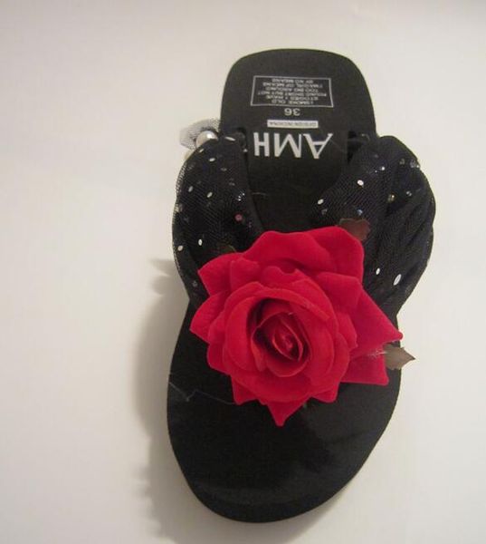 

hahaflower sweet bling flower bride wedding summer slippers women black shoes red rose 2018 wedge high heel platform outside