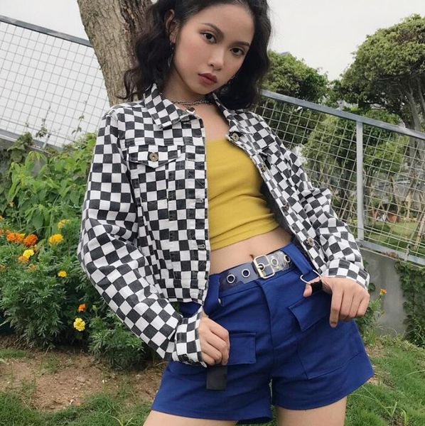 

new women's black and white plaid long sleeve short jacket, Black;brown