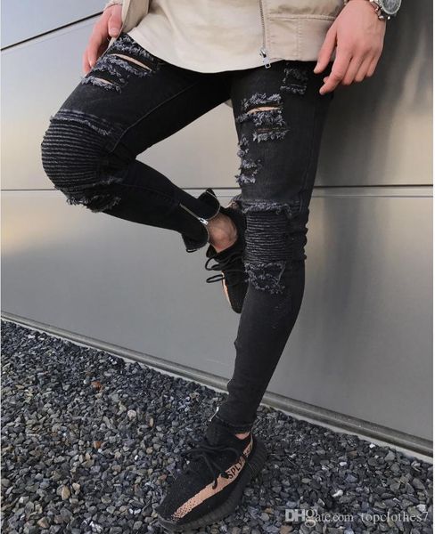 

slimfashion european american bike jeans high street popular locomotive foot male personality ruffle cultivate pants high elasti black jeans, Blue