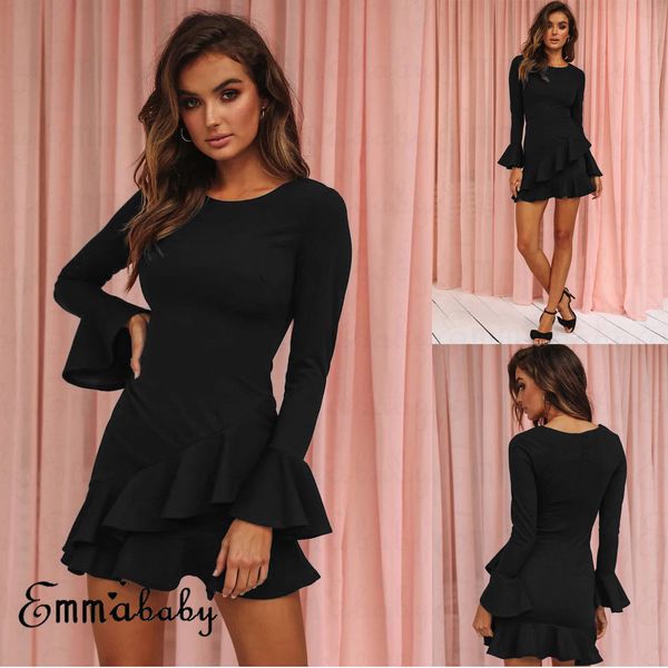 

women dress long trumpet sleeve slim bodycon dress summer beach party frill sundress fashion women vestidos, Black;gray