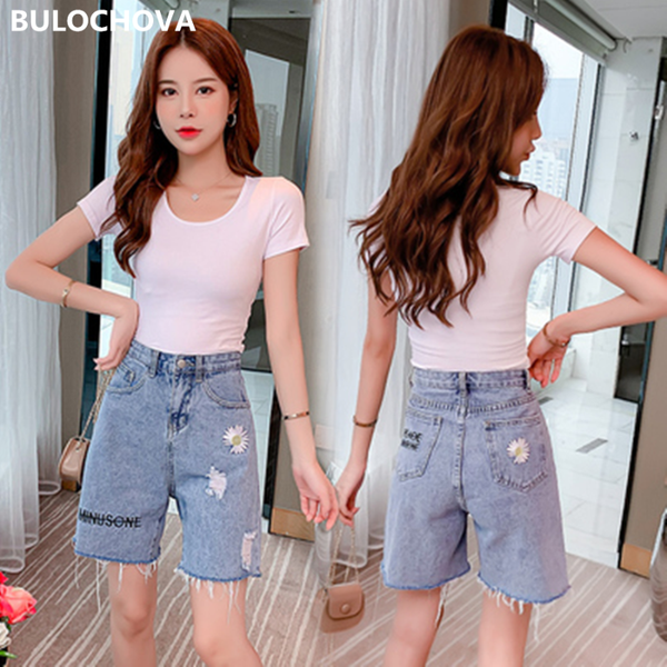 

small daisies denim shorts plus size high waist straight for women slim skinny half jeans students hole tassel denim pants mujer, Blue