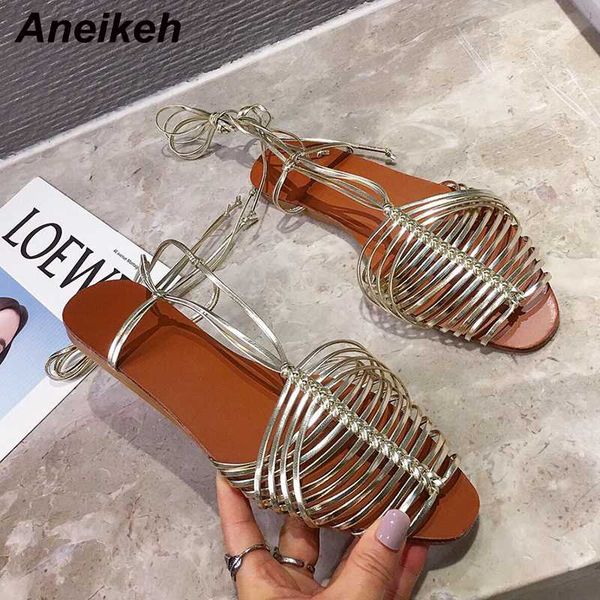 

aneikeh new 2020 spring pu flats sandals women peep toe lace-ups fashion elegant narrow band ladies sandals shoes size 35-41, Black