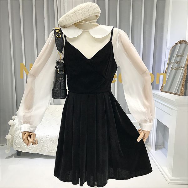 

2020 two piece set see through peter pan collar women blouse+black dress blackless 2 piece set women matching sets for, White