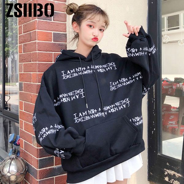 

2019 winter women loose restore letter printing hip hop black white thin pullover o-neck sweatshirt girls lantern sleeve hoodies