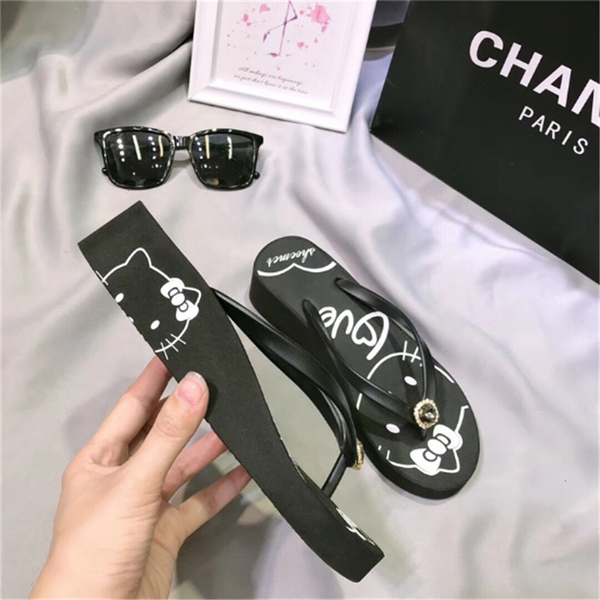 

summer hello kitty women shoes wedges shoes for women soft and comfortable beach flip-flops slides designer sandals, Black